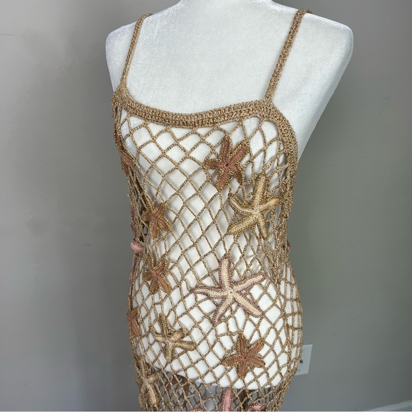 RETROFETE SERAFINA OPEN CROCHET STARFISH MAXI DRESS SIZE M/L IN ALMOND LUREX - Picture 13 of 17